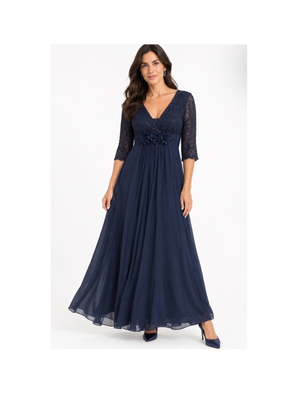 Rickie Freeman Teri Jon 10 Navy Beaded Silk Lace Evening Gown Dress Layered Over